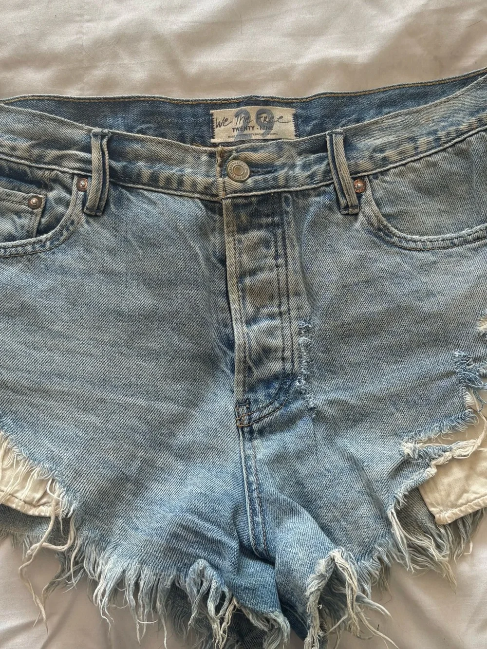 Free People Light Blue Distressed Denim Shorts